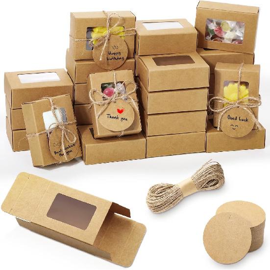 Zhanmai 100 Set Soap Boxes for Homemade Soap Boxes Packaging 3.35 X 2.36 X 1.2 Inch With100 Tags and Twines Small Soap Packaging Box with Window Mini