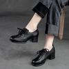 Johnature Retro Women Shoes Med Heels Solid Color Pumps Genuine Leather Round Toe Handmade Lace-up Shoes