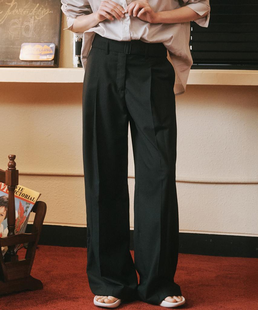 MALOUPE 2155 Single-Pleat Belted Wide Pants (Navy)