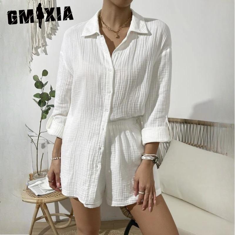 GMXIA Women's Spring and Summer Fashion Solid Colour Long-sleeved Shirt Suit Women Casual Loose Shorts Two-piece Set