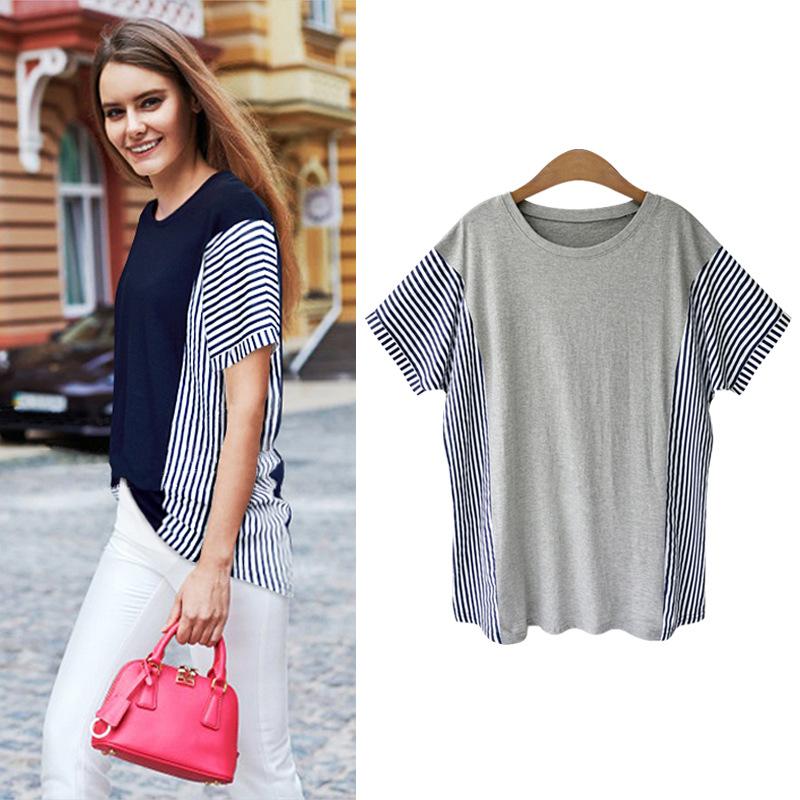 Summer Women's Striped Short-sleeved T-shirt Thin Loose-fitting Large-size Women's Top 200 Kilogram Fat Mm Slim Shirt