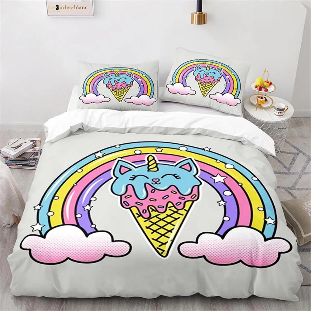 Kids Unicorn Duvet Cover Cartoon Magical Animal Microfiber Cute Rainbow Cat For Children Girls Teen Gifts For Bedroom Decoration