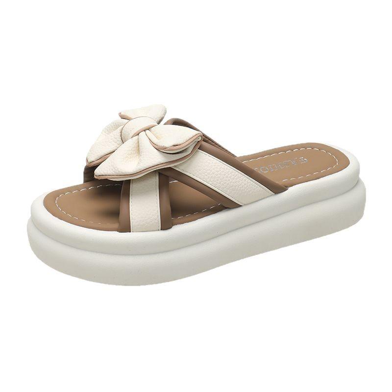 Thick-soled slippers women's summer outer wear 2025 new fashionable versatile bow non-slip high-end sense one-word sandals women
