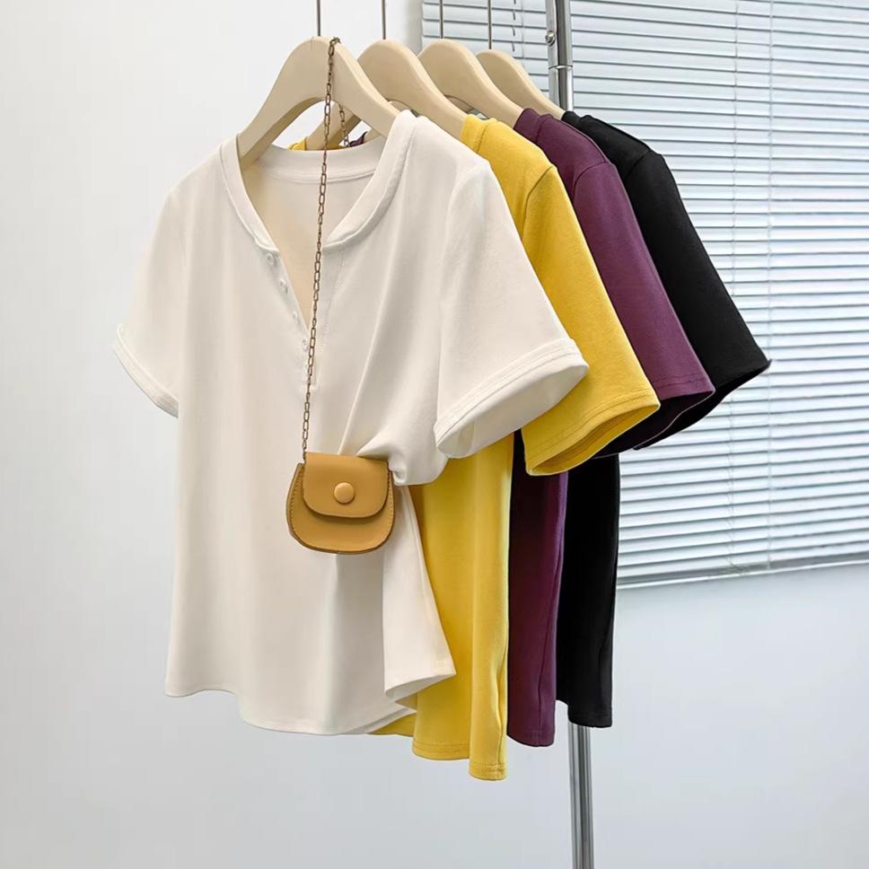 

2026 Summer Plus Size Women s Casual Solid Color Half-Open Collar Slimming Short Sleeve T-shirt XXL чорний