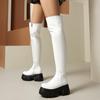 Elastische Plateau-Stiefel mit klobigem Absatz, kniehoch, aus Lackleder für Damen – Schmale Passform, Herbst/Winter Bühnenstiefel