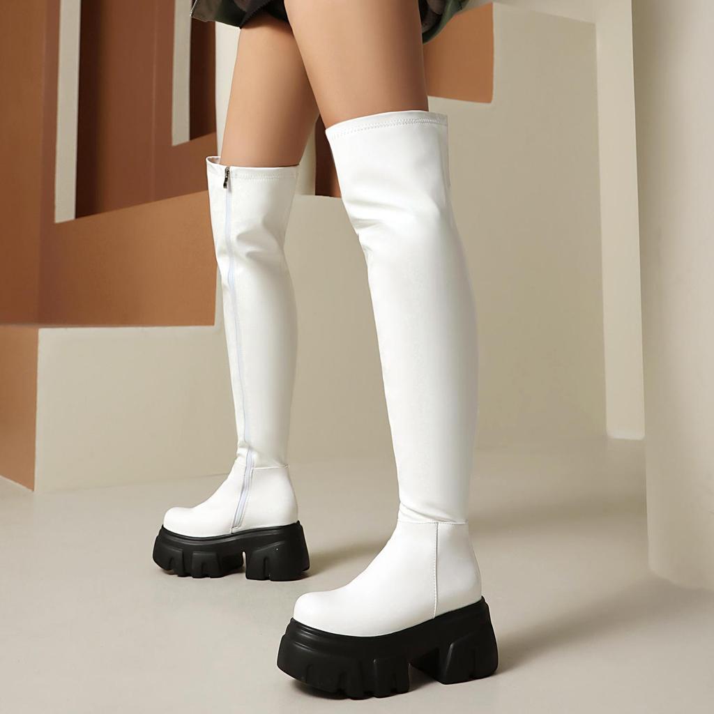 Elastische Plateau-Stiefel mit klobigem Absatz, kniehoch, aus Lackleder für Damen – Schmale Passform, Herbst/Winter Bühnenstiefel