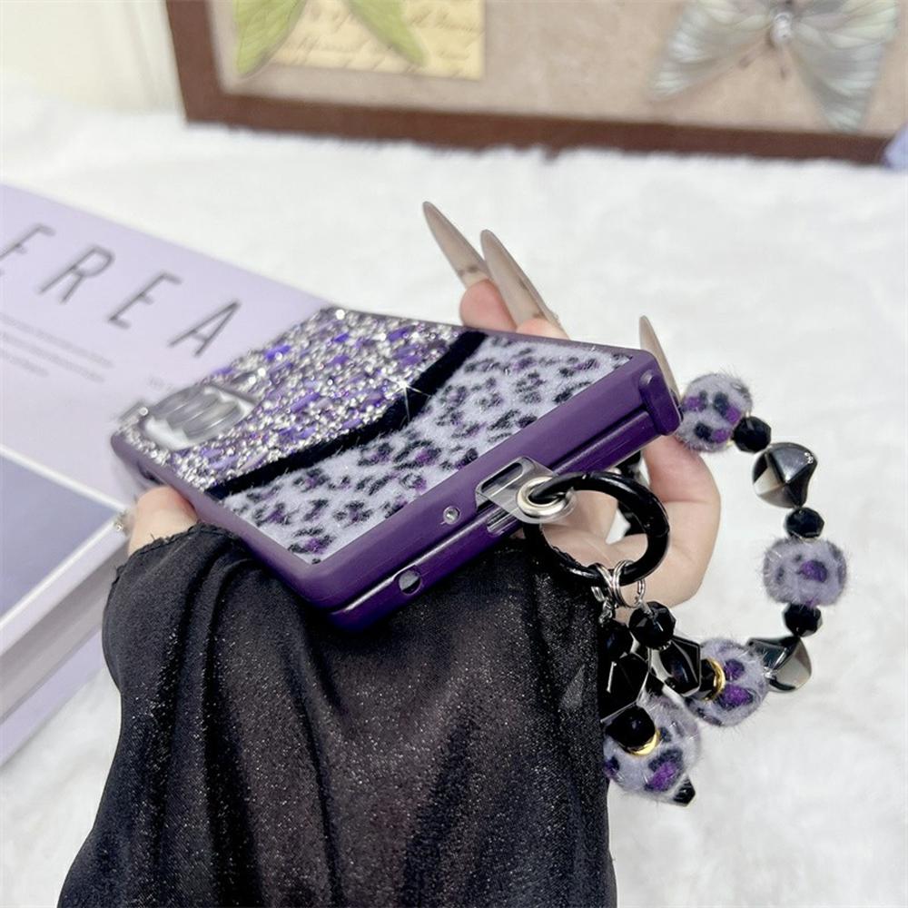 For Samsung Galaxy Z Fold7 5G Case Stone Decor Glitter Leopard Splicing Plush PC Phone Cover with Hand Chain