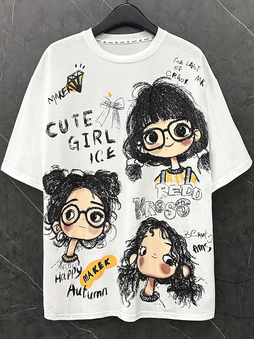 

2025 Новая летняя женская модная брендовая удобная белая футболка с мультяшным принтом и круглым вырезом, повседневная 5XL