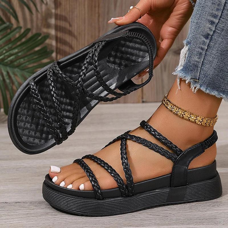 Fashion 2025 Summer Thick Bottom Woven Sandals Women Comfortable Slip On Platform Sandles Woman Casual Non Slip Gladiator Sandals Female