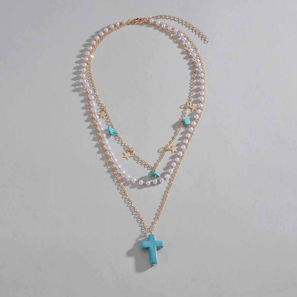 Personalized Turquoise Cross Star Gravel Pearl Multi-layer Metal Necklace