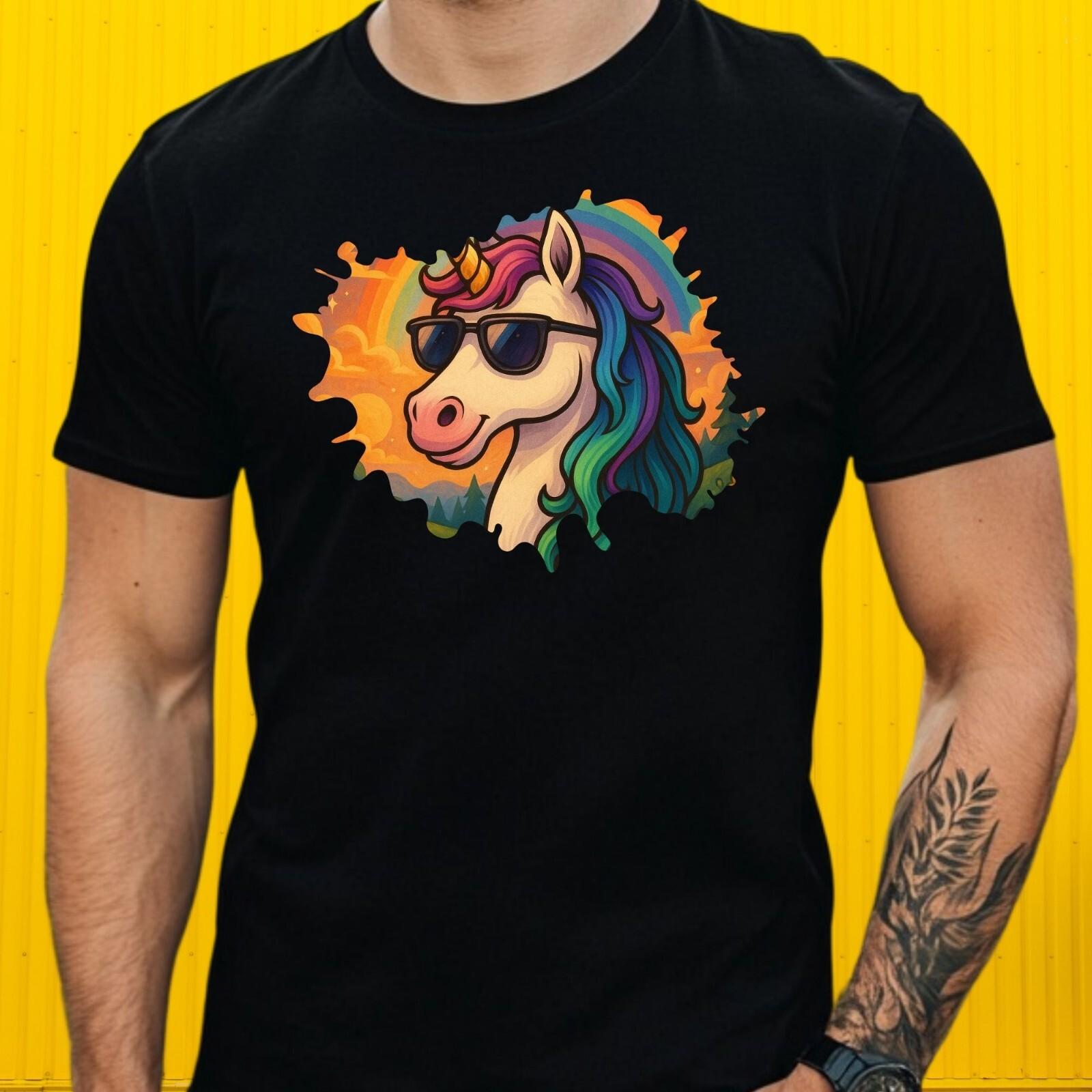 Mens Unicorn Sunglasses Print Cotton T-Shirt Size XS to 5XL- L