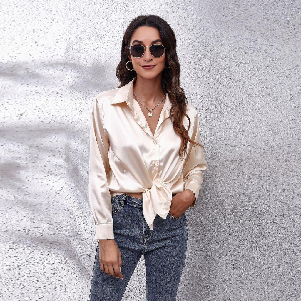 Spring Autumn Satin Blouse Imitation Silk Long Sleeve Shirt for Women's Solid Black White Plus Size Loose Tops