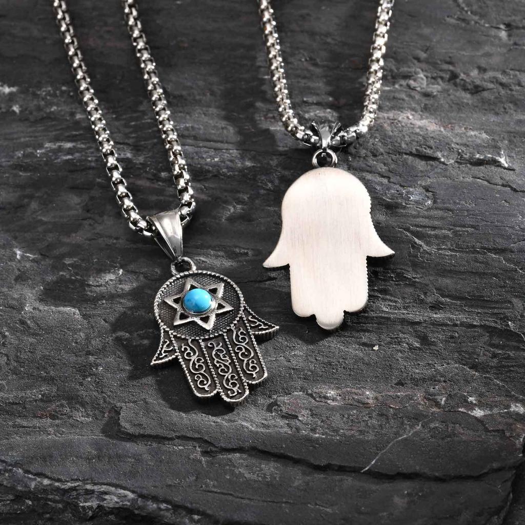 Vintage Fatima Hand Halskette für Männer Jungen, Edelstahl Hexagramm Türkis Anhänger, Punk Schmuck Geschenk