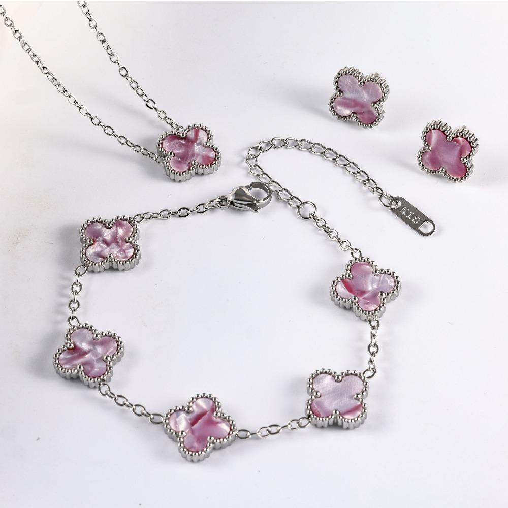 Women's and Girls' Four-leaf Clover Three-piece Set Colorfast Necklace Bracelet Earrings Jewelry