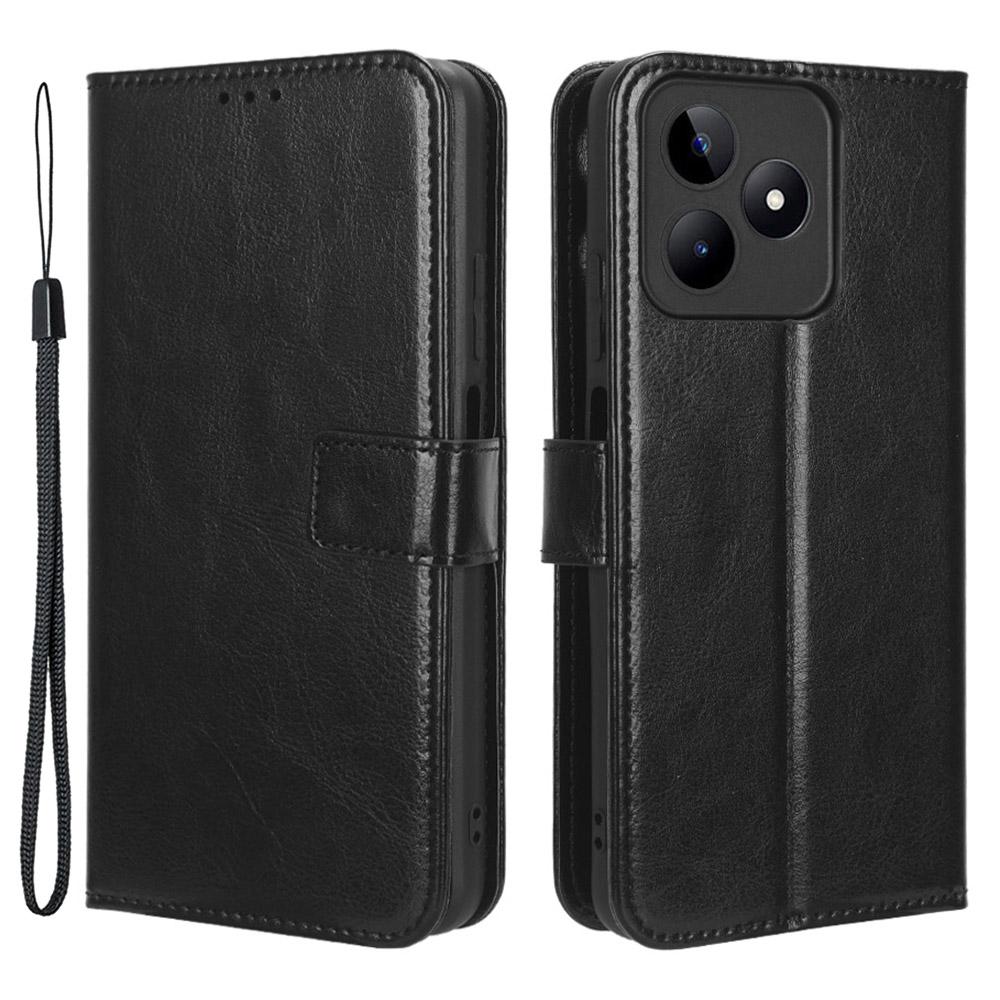 

For Realme C53 (Global)/C53 (India)/C51/Note 50 4G/Narzo N53 4G Wallet Stand Case Crazy Horse Texture PU Leather+TPU Phone Cover Black