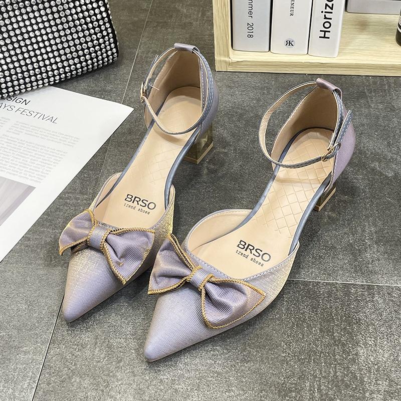 Fashion Women's Coarse Heel Sandals Pointy Toe Shallow Mouth Butterfly Knot Line with Non-slip Wear-resistant High Heels