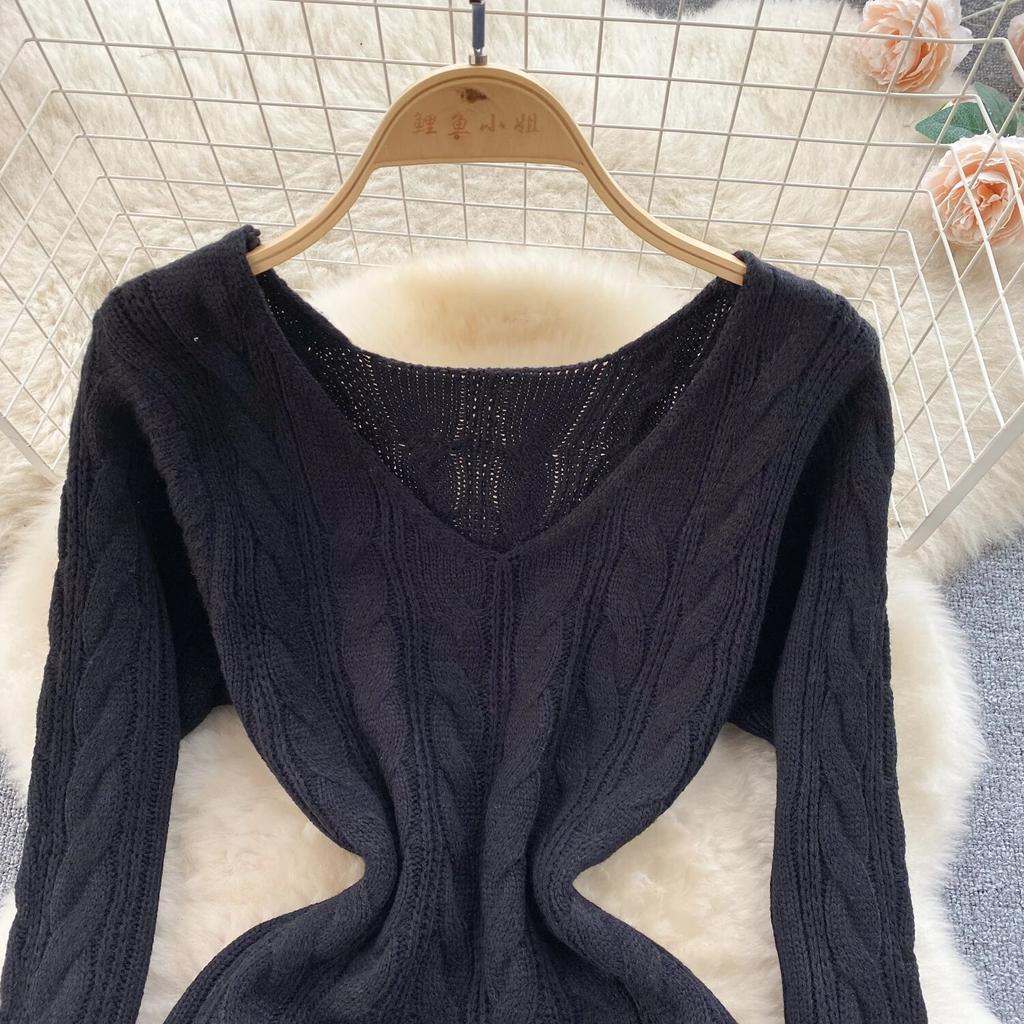 Pull mi-long pour femme, jupe de Base, rétro, fleur torsadée, coupe cintrée, tempérament, col en v, manches longues, robe tricotée, hiver
