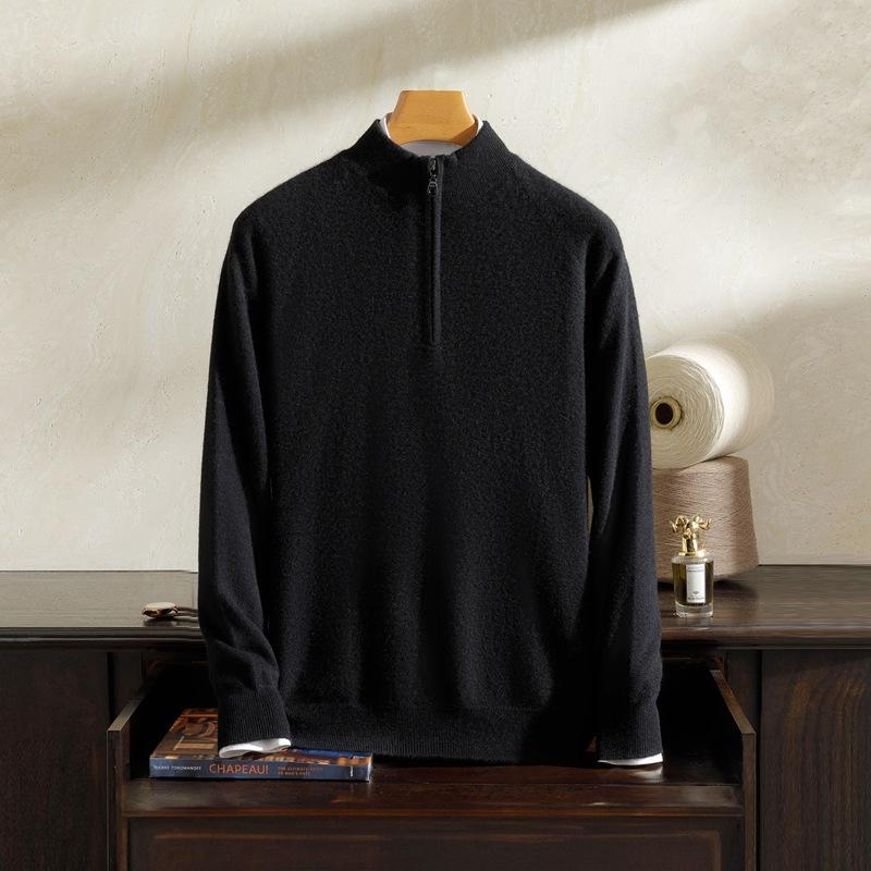 100 Pure Cashmere Sweater Ragged Sleeves Half Zipper Half Turtleneck Knitted Sweater