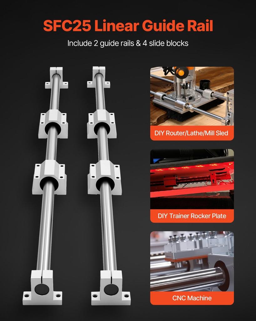 Linear Rail Kit, SFC25, 2Pcs 1000 mm (39.4 inch) Linear Motion Guide Rails and 4Pcs Bearing Slide Blocks, for DIY Engraving Machine Lathe Milling