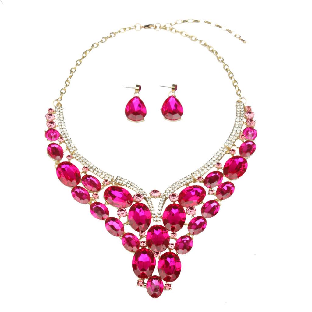 2026 Europäisches und Amerikanisches Übertriebener Luxus Kristall Halskette Ohrringe Set Damen Bankettkleid Braut Accessoires