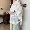 Summer Women's Loose Casual White Lace Blouse with Floral Patterns O-Neck Hook Flower Hollow Out Short Sleeved Lace Top