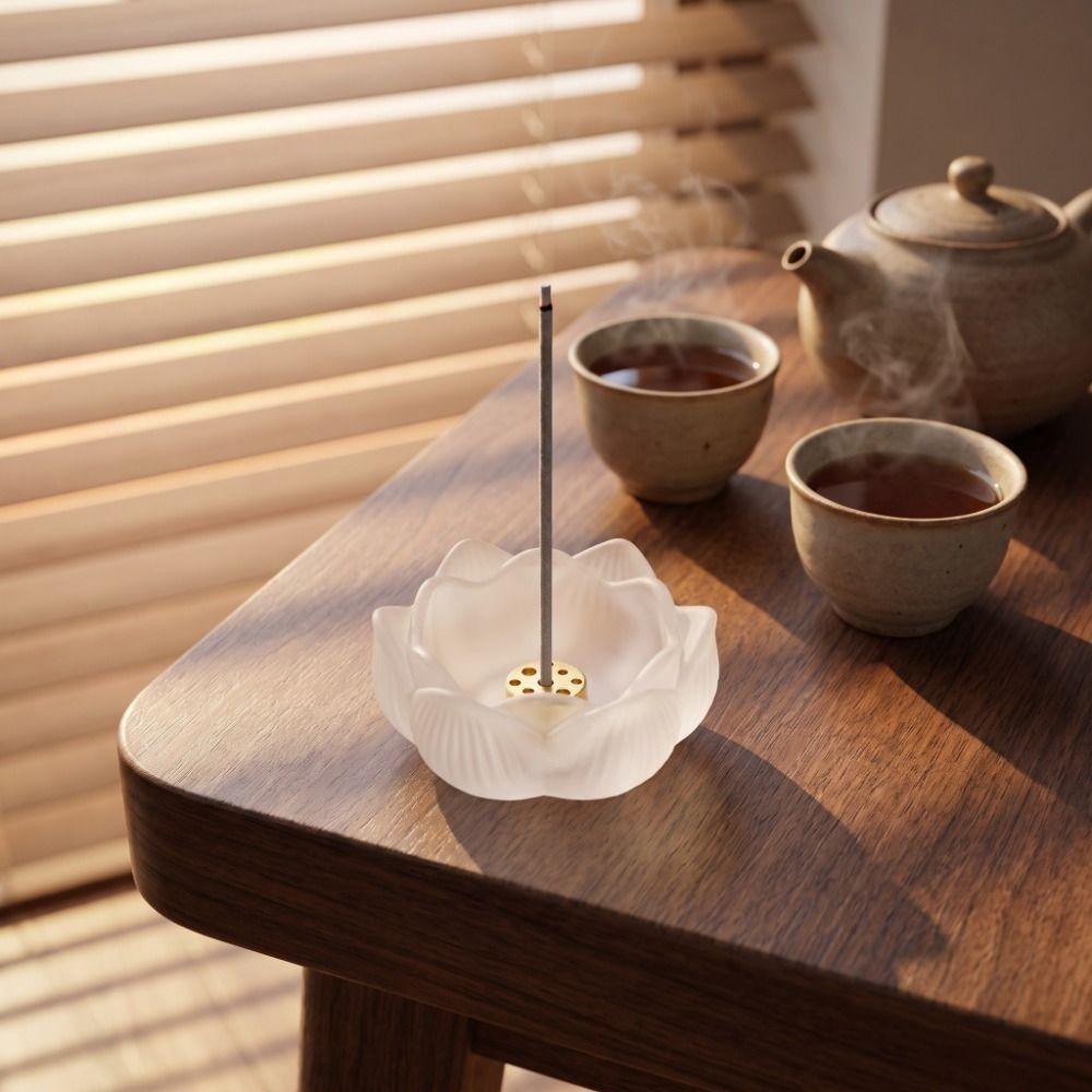 Zen Chinese Style Lotus Incense Burner Crystal Glass Lotus Censer Holder For Household Aroma