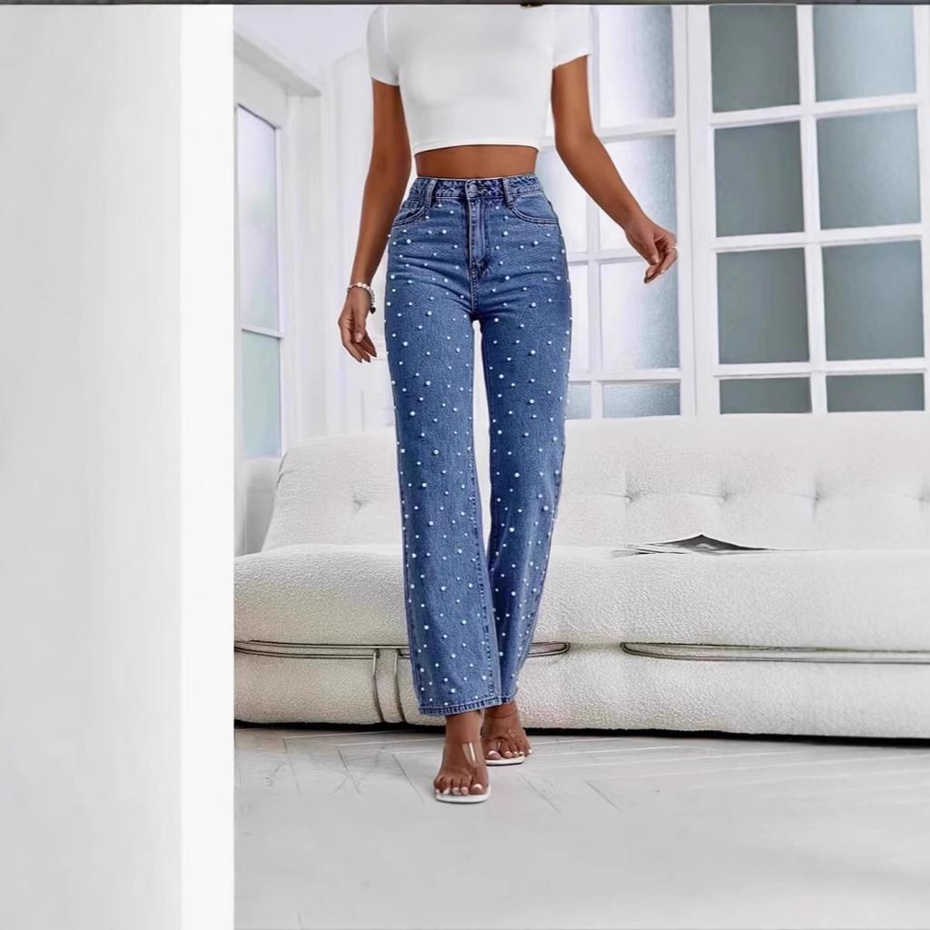 Pantaloni Jeans da Donna Perline Vita Alta Casual Pantaloni Dritti per Donna Streetwear Elegante Denim con Inserti Pantaloni Femminili