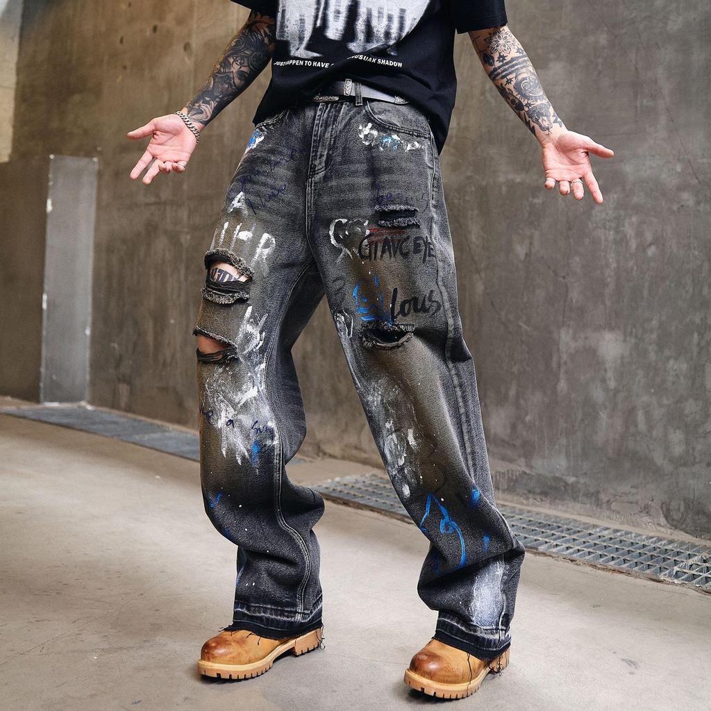 Men's 2025 American High Street Retro Distressed Graffiti Wide-Leg Jeans