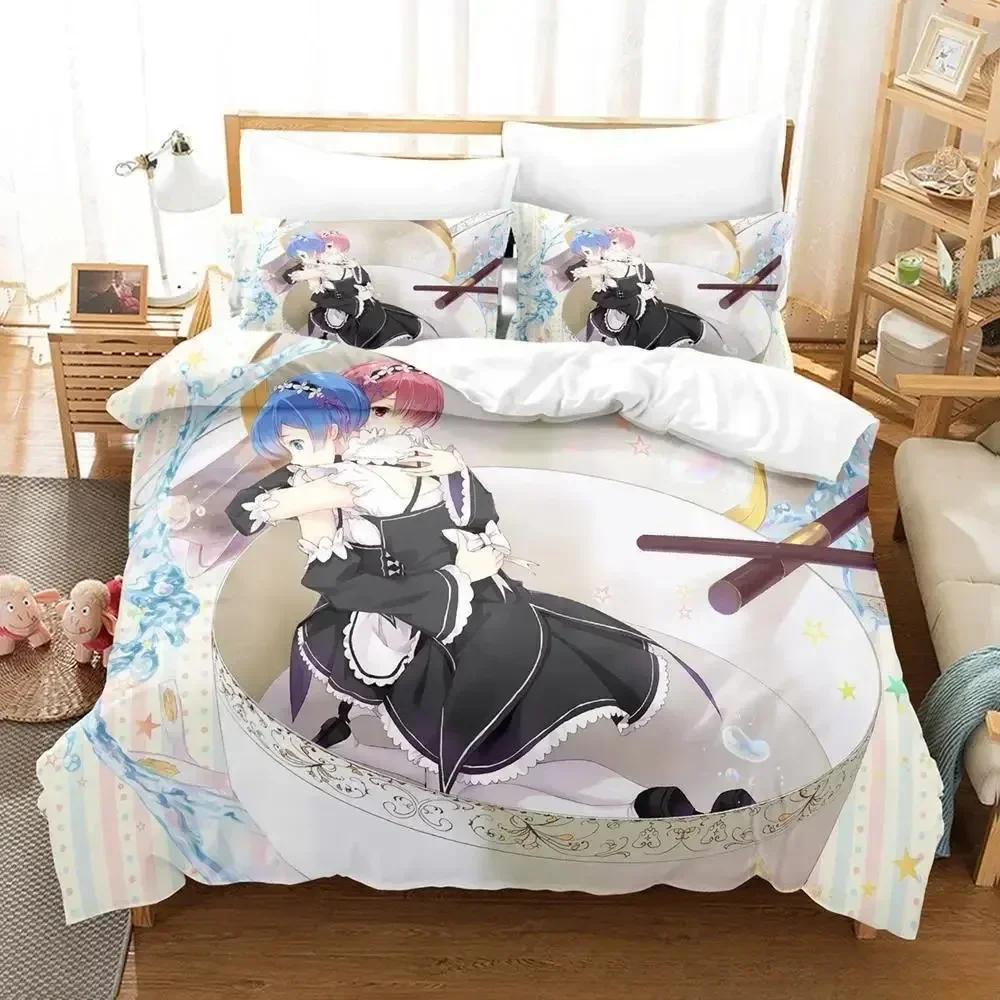 New Re Zero Rem Ram Bedding Set Cartoon Anime Three-piece Set Adult Kid Bedroom Duvet Cover Sets 3D Kawaii Girl Home Textile