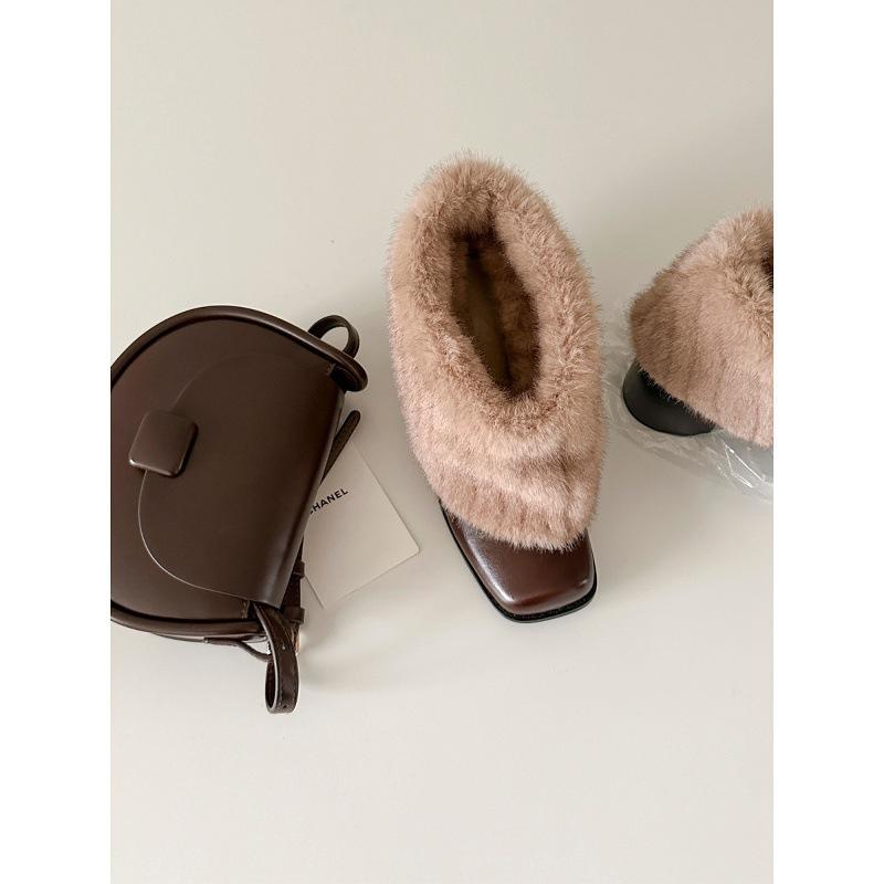 Cowhide version~ retro plush boots plush warm square head thick heel short boots women's versatile temperament plush snow boots
