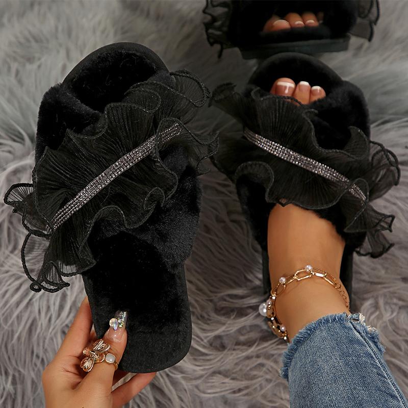 Fashion Mesh Faux Fur Cotton Slippers for Women All Match Crystal Detor Fur Slippers Woman Winter Cross Strap Indoor Cotton Slides Lady