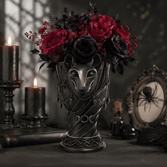 Egyptian Cat God Vase, Halloween Gothic Matte Black Vase, Dark Style Flower Holder, Multifunctional Storage Container for Dried And Fresh