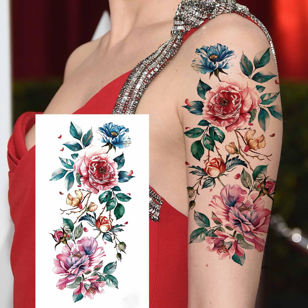 1 Sheet 3D Flower Temporary Tattoos Sleeve For Women Girls Watercolor Peony Rose Sexy Tattoo Sticker Water Transfer Transferable