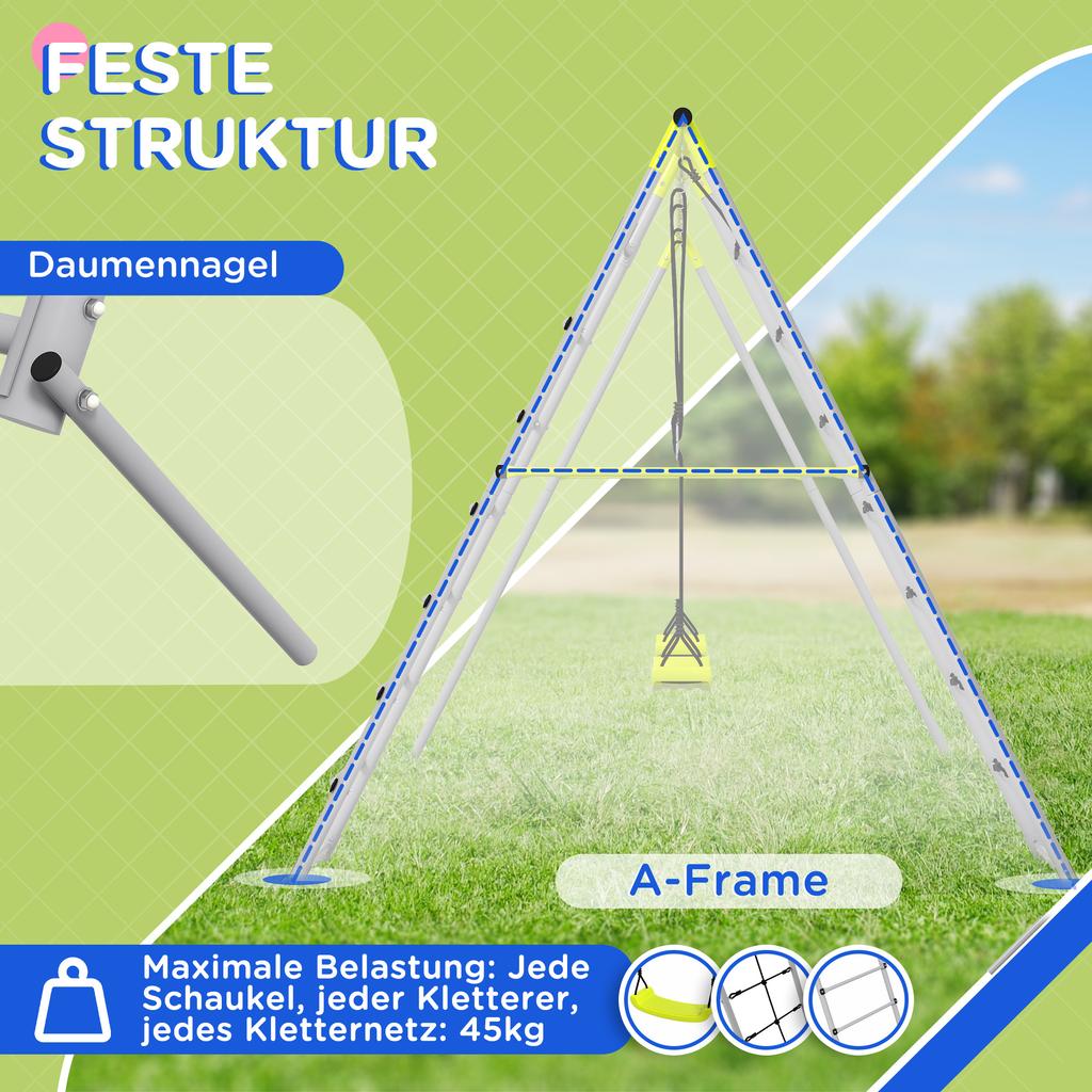 Four-In-One Metal Garden Swing Set, with Two Swings, Climber, Climbing Net - Green