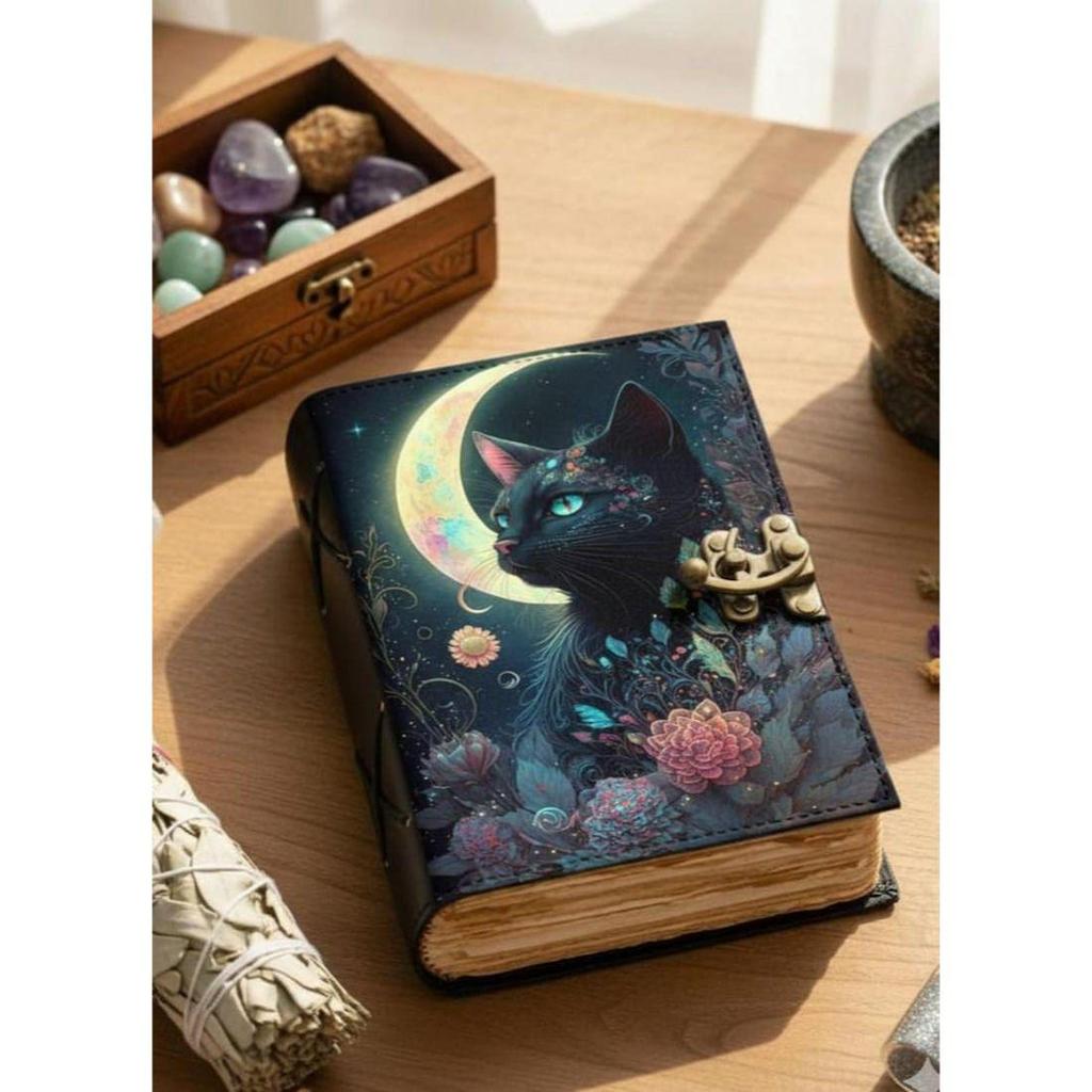 Cat Moon Leather Journal: Vintage Look Grimoire Book of Shadows