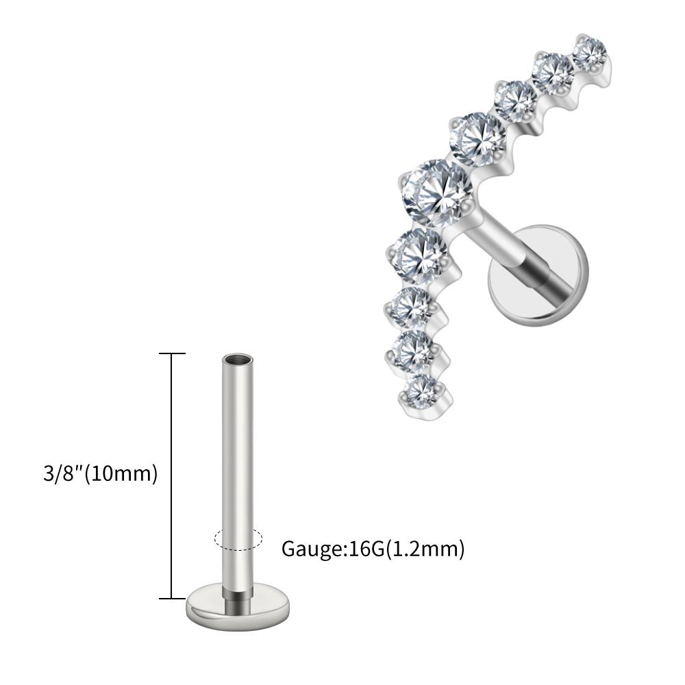 Right Grand ASTM F136 Titanium Arc CZ Cluster Labret Curved Bar Flat Back Stud Earring Helix Cartilage Conch Piercing Jewelry