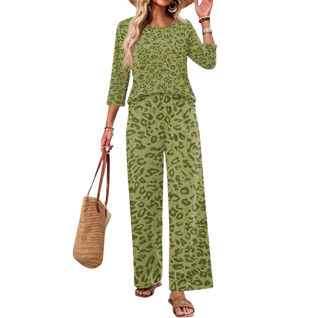 Women's Casual Leopard Print Two-Piece Set - Round Neck Loose Fit 3/4 Sleeve Top and Long Pants