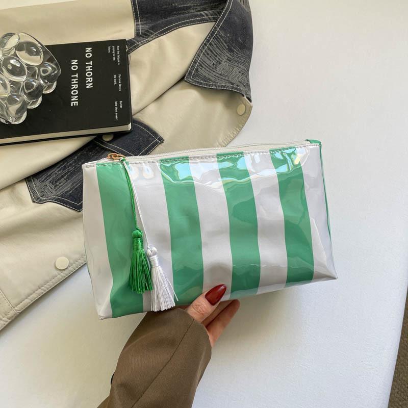 Striped Tassel Pendant Cosmetic Bag Waterproof Large Capacity PVC Toiletry Pouch for Weekend Getaway