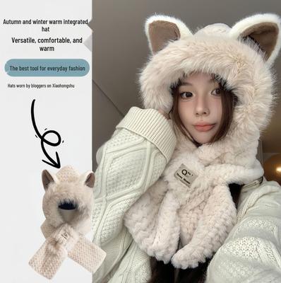 Cute Fluffy Women's Hat & Scarf Set: Thick, Plush, Warm Cycling Hat with Ear Protection for Autumn and Winter