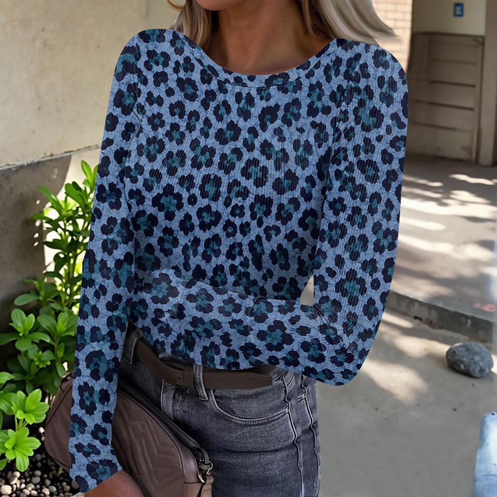Dames Casual Luipaardprint Geribbelde Gebreide Top, Lange Mouwen, Ronde Hals