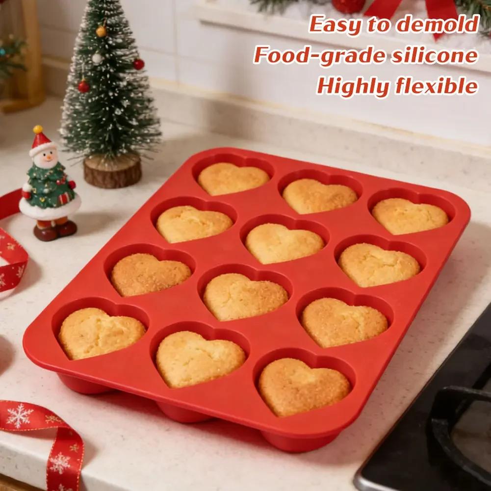 12-Cavity Silicone Cake Mold Heart-Shaped Non-Stick Baking Mold for Brownies Food-Grade Microwave Safe Cupcake Making Tool
