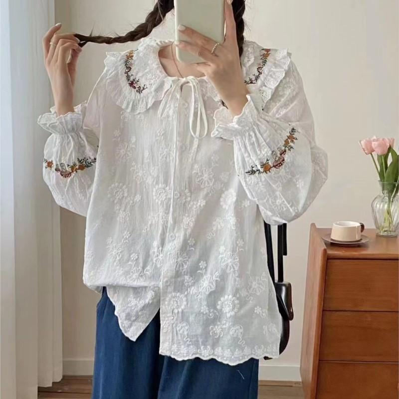Johnature Embroidery Lace Doll Collar Shirt Women Spring Autumn Loose Casual Tie Tops