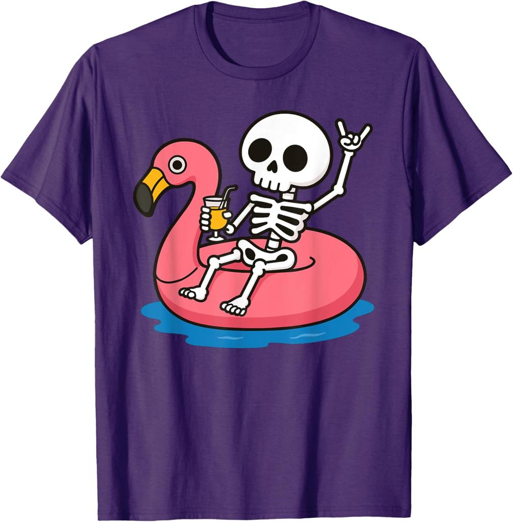Skelett schwimmt auf Flamingo aufblasbarem Ring Sommerurlaub Grafik T-Shirt Lässiges Kurzarm Rundhals T-Shirt