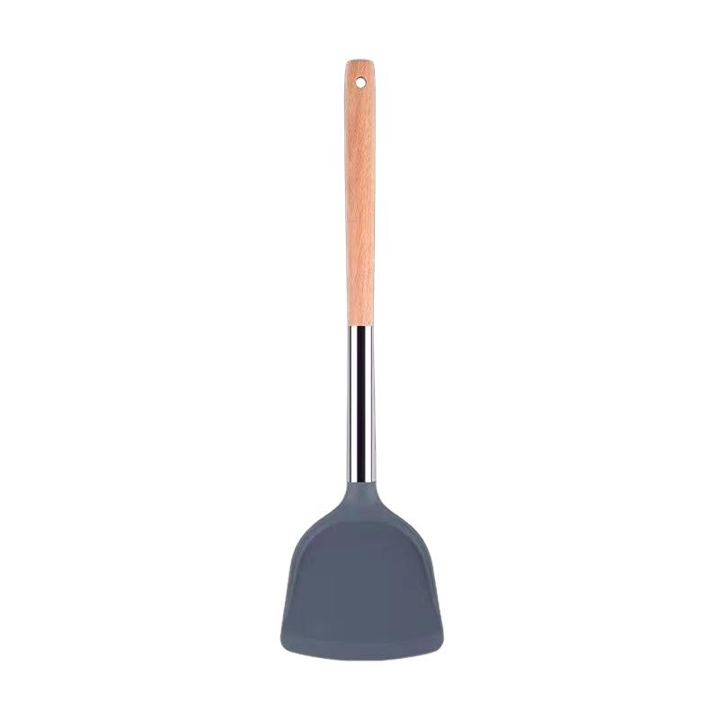 Silicone Kitchenware Set: Non-stick Spatula, Soup Ladle, Slotted Spoon with Wooden Handles - Heat Resistant, 3-piece Set.