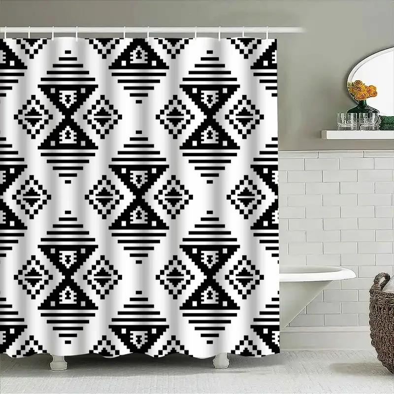 Modern Geometric Black White Shower Curtain Waterproof Home Decor Customizable Size Available In Various Colors.
