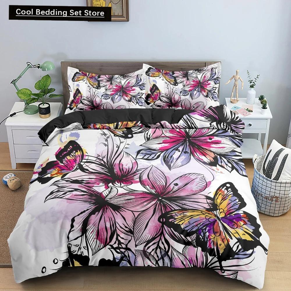 Butterfly Duvet Cover King Queen Size Animal Floral Bedding Set for Teens Adults Beautiful Flower 23pcs Polyester Quilt Cover