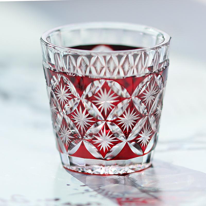 Japanese Edo Kiriko Blue Green Sky Blue Red Purple Glass 35ml Shot Glass with Exquisite Package
