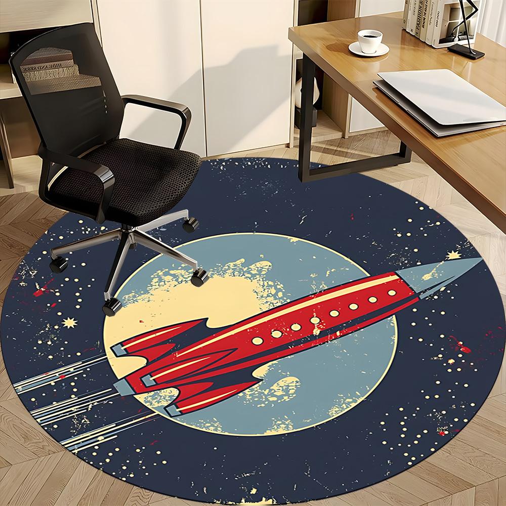 1pc Rocket Moon Office Round Area Rug, Indoor Mat Suitable For Office, Under Office Chairs Bedroom Living Room Home Decor, Room Deco