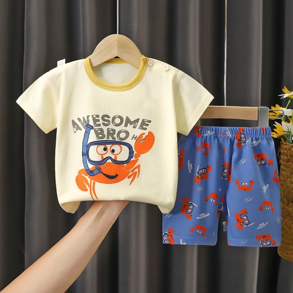 New Kids Boys Girls Summer Pajamas Cute Cartoon Print Short Sleeve T-Shirt Tops with Shorts Toddler Baby Clothing Sets