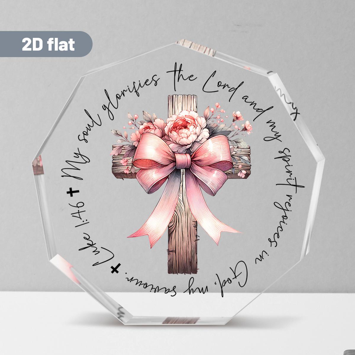 1pc Nine-Sided Acrylic Advent Wreath-like Jesus Cross Ornament with Bow & Scripture Verse (Luke 2:11) - Pink Bow, White Roses & Hebrews 9:11-12 Design 10*10cm
